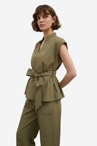 Khaki V-Neck Blouse with Waist Tie, One Size