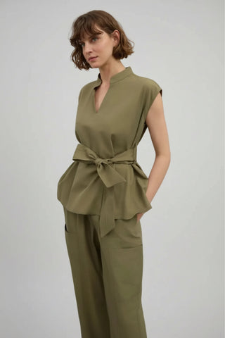Khaki V-Neck Blouse with Waist Tie, One Size